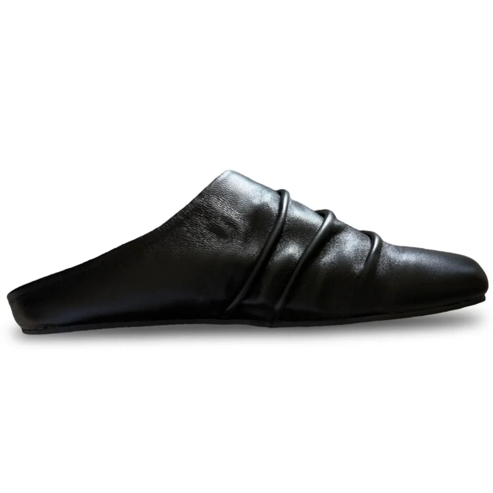 Black Faux Leather Ruched Square Toe Mules Mens Sz 8.5 Flat Slip On Slides